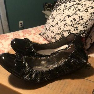 Flat black patent leather and tweed flats